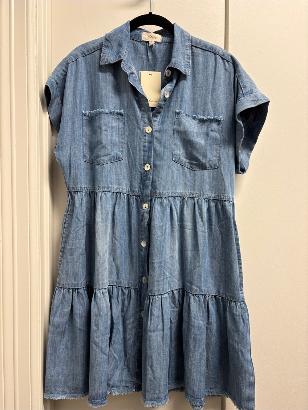 Elan Light Blue Denim Tiered Shirt Dress